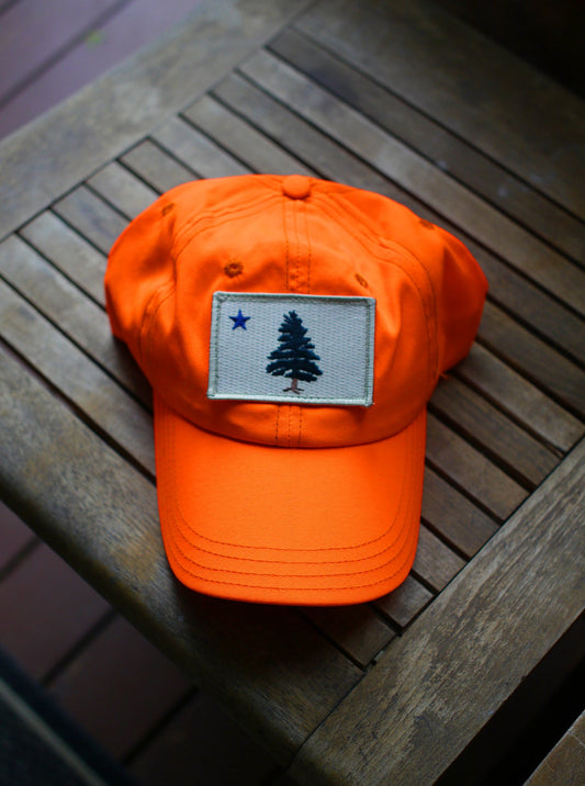1901 Original Maine Flag insect-repelling baseball cap in hunter safe blaze orange sitting on a wooden bench in the sun. 