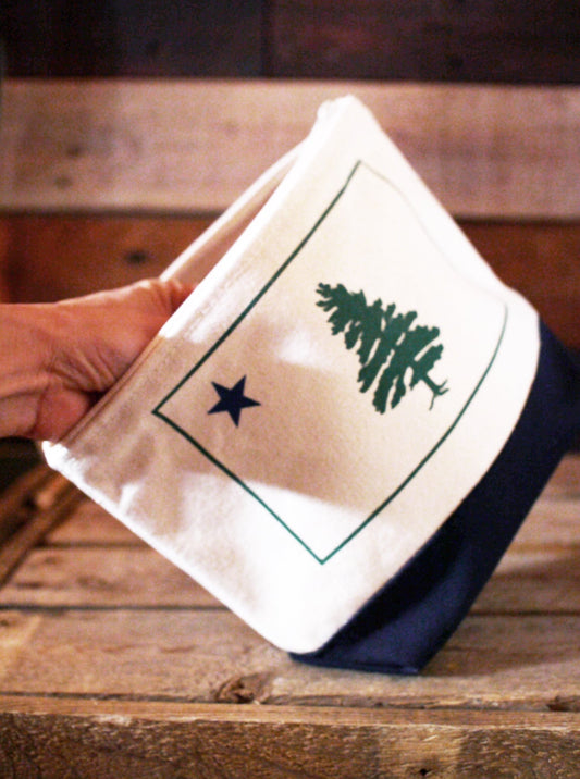 Adult hand reaching into the 1901 Original Maine flag zipper pouch. The bag is big enough to easily reach into it and store larger personal items. 