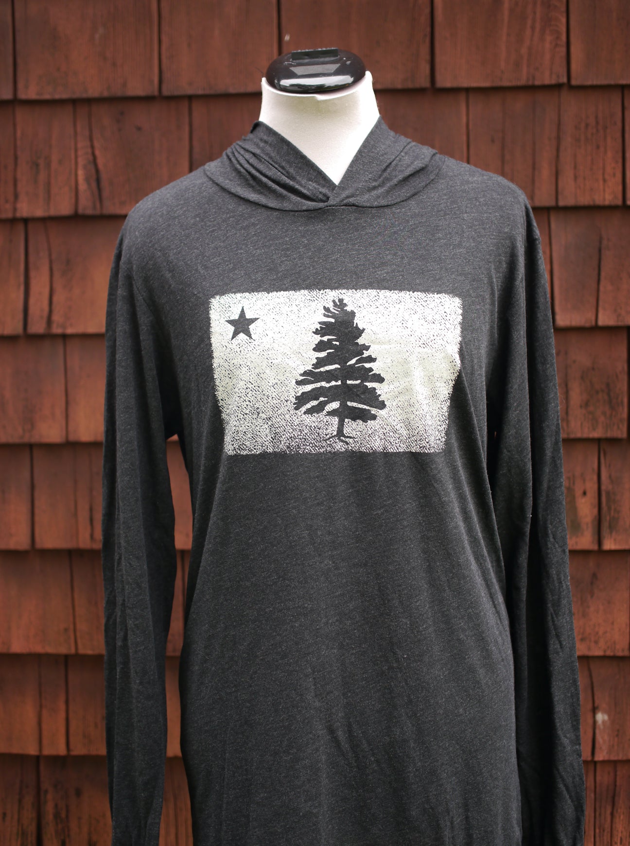 Super soft dark graphite grey long sleeve hoodie t-shirt with 1901 Original Maine Flag distressed and screen printed on the chest