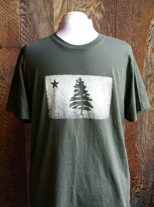 Super soft dark green short sleeve t-shirt with 1901 Original Maine Flag distressed logo screen printed on the chest